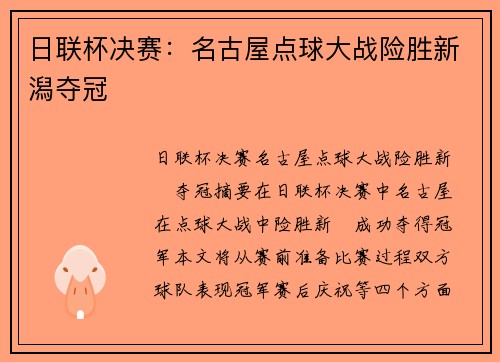 日联杯决赛：名古屋点球大战险胜新潟夺冠